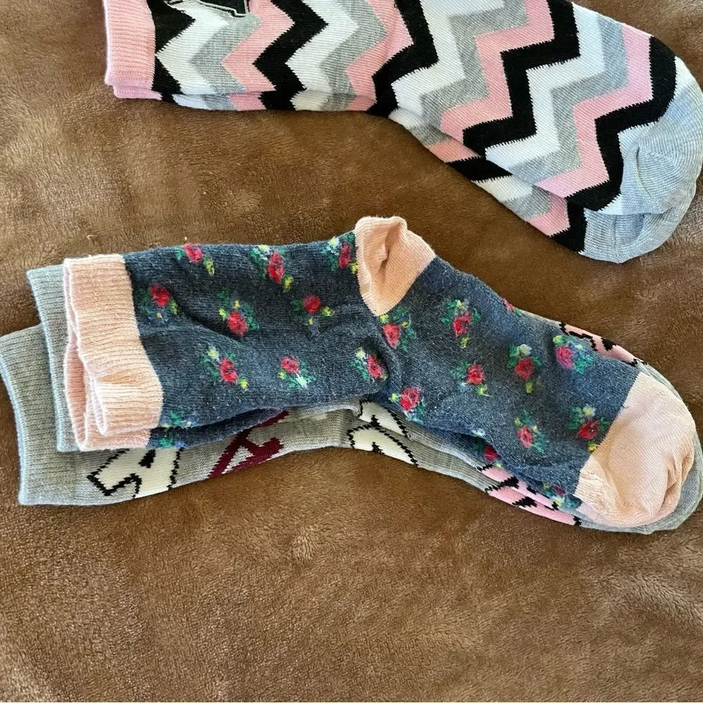 Patterned Girl’s Socks - Pink, Black, Gray with Zig Zag and Letter Size 13 1/2-4